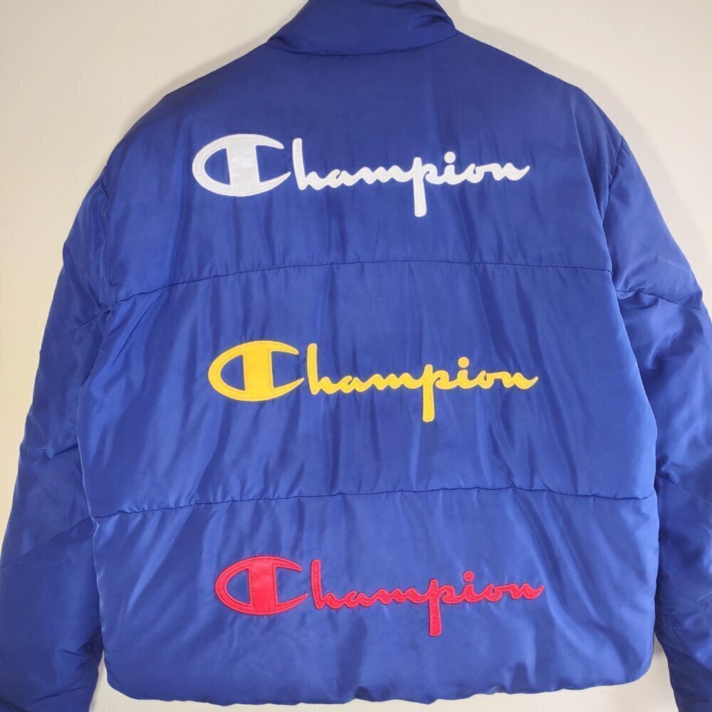Champion Blue Script Crop Puffer Jacket Sporty Outdoor Streetwear Women's Large - Picture 6 of 11